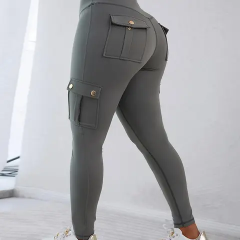 CHICME Women's  Butt Lifting Leggings with Flap Pockets High Waist Tummy Control Workout Cargo Leggings Yoga Pants
