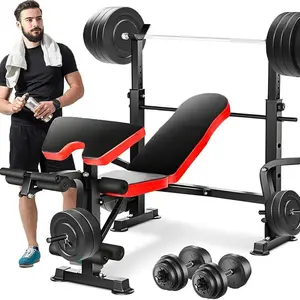 6 in 1 660lbs Weight Bench with Leg Extension and Leg Curl, Foldable Bench Press Set and Squat Barbell Rack with Preacher Curl, Adjustable Workout Bench for Home Gym Strength Training PXZXYX1