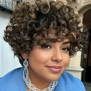 New Fashion Ombre Short Curly Wigs for Women Human Hair Loose Curly Wig Brazilian Virgin Ombre 4/27 Pixie Cut Wig Human Hair With Bangs for Christmas Party Cosplay Daily Use Wigs 180% Density None Lace Front Bob Wigs