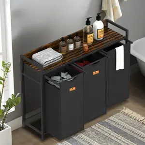 2-Section Laundry Hamper With Shelf - 2 Large 12.1Gal Pull-Out Bags, Rustic Brown And Black, Space-Saving, Sturdy, And Easy To Assemble Laundry Sorter For Home And Apartment