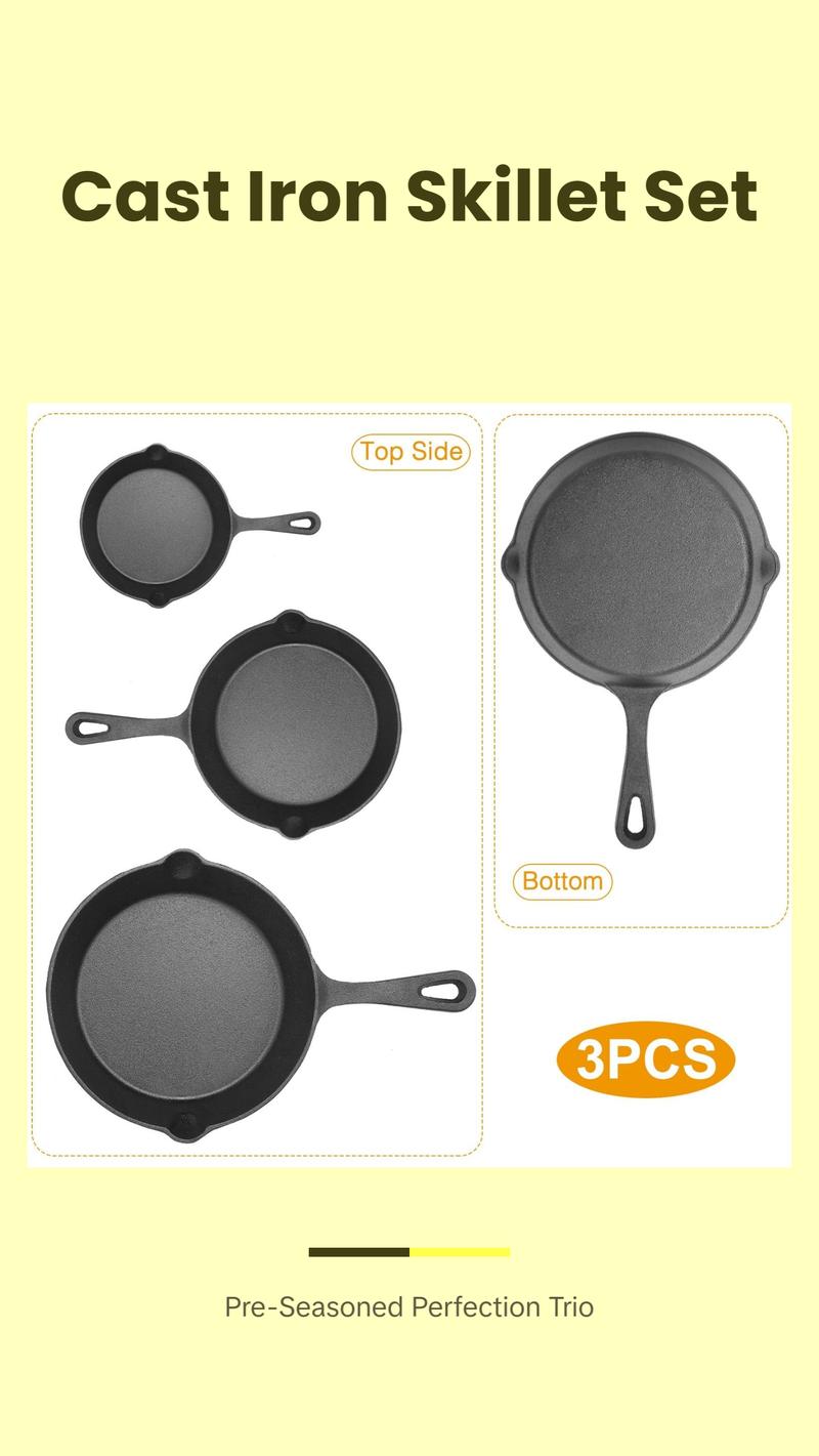3Pcs Pre-Seasoned Cast Iron Skillet Set 6/8/10in Non-Stick Oven Safe Cookware Heat-Resistant Frying Pan Bake Induction