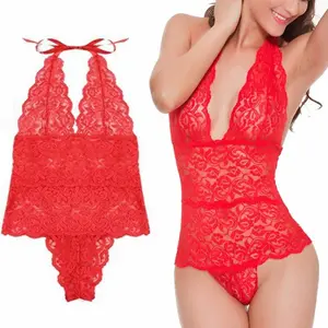 Red Sexy Lingerie Women Lace Halter One Piece Teddy Bodysuit Jumpsuit Mini Babydoll