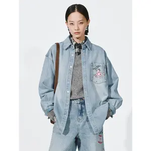 URBAN REVIVO Women's Lady Casual 2026 Spring Cotton Slim-Fit Blouse Top, Trendy Fun Pattern Embroidered Washed Denim Shirt, 1-Piece with Embroidered Patch Pocket, Premium Fabric
