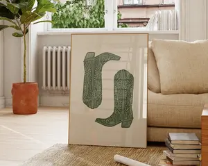 Olive Cowboy Boots Print, Minimalist Southern Wall Art Poster, Vintage Western Cowgirl Art, Cute Apartment Décor Gift Poster, Vinatge