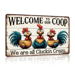 Welcome to Our Coop Sign "We Are All Cluckin Crazy" Metal Tin Sign - Rustic Farmhouse Wall Decor with Vintage Chicken Art, 12"x8" Funny Kitchen & Chicken Coop Accessories, Chicken Coop Decorations, Rustic Weathered Finish Gift Door