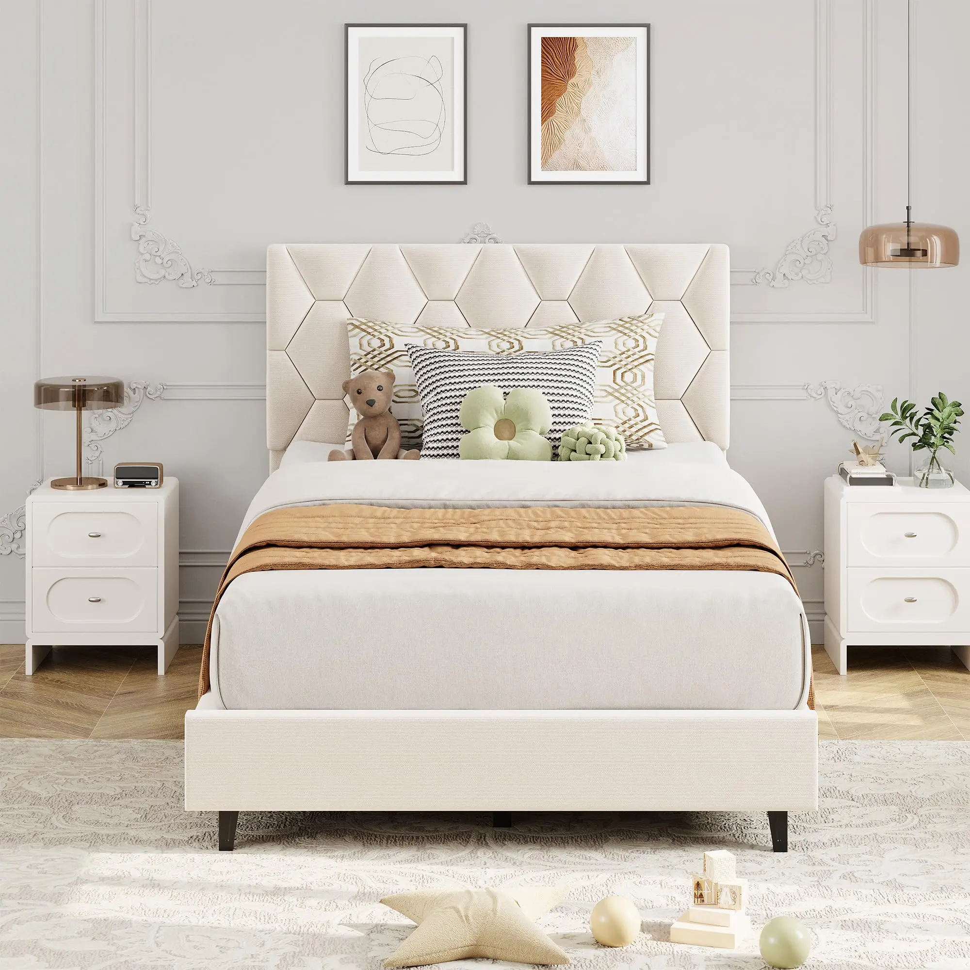 Garvee Beige Twin Upholstered Bed Frame, Heavy-Duty Platform Bed Frame with Upholstered Headboard & Strong Wood Slats, No Box Spring Needed/Noise Free/Easy Assembly