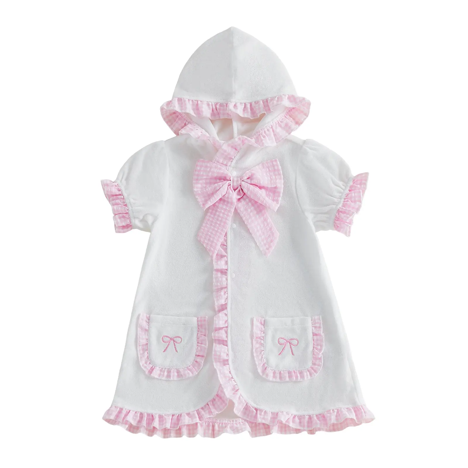 Toddler Baby Girl Swim Cover Up Hooded Bathrobe Dress Terry Swimsuit Cover-ups Gingham Ruffle Trim Pocket Towel Beach Bathing Suit #Summervibes