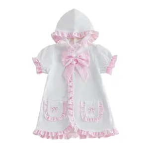 Toddler Baby Girl Swim Cover Up Hooded Bathrobe Dress Terry Swimsuit Cover-ups Gingham Ruffle Trim Pocket Towel Beach Bathing Suit