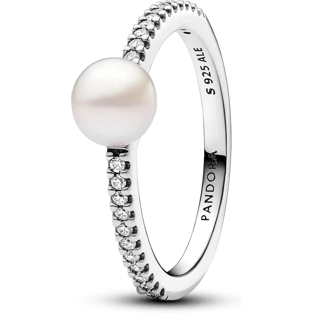 925 Sterling Silver Pandora Ring (US Size 56) - Treated Freshwater Cultured Unique Pearl Center, Pave Sparkling Cubic Zirconia, Classic Cool Tones, Concave Section, Lustre-Enhanced Squared Band