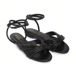 【13 PRECIOUS】Women's Elegant Open Toe Velcro Closure Rhinestone Clear Stiletto Sandals for Summer Vacation BeachFlatSandals - Shoe, Girl