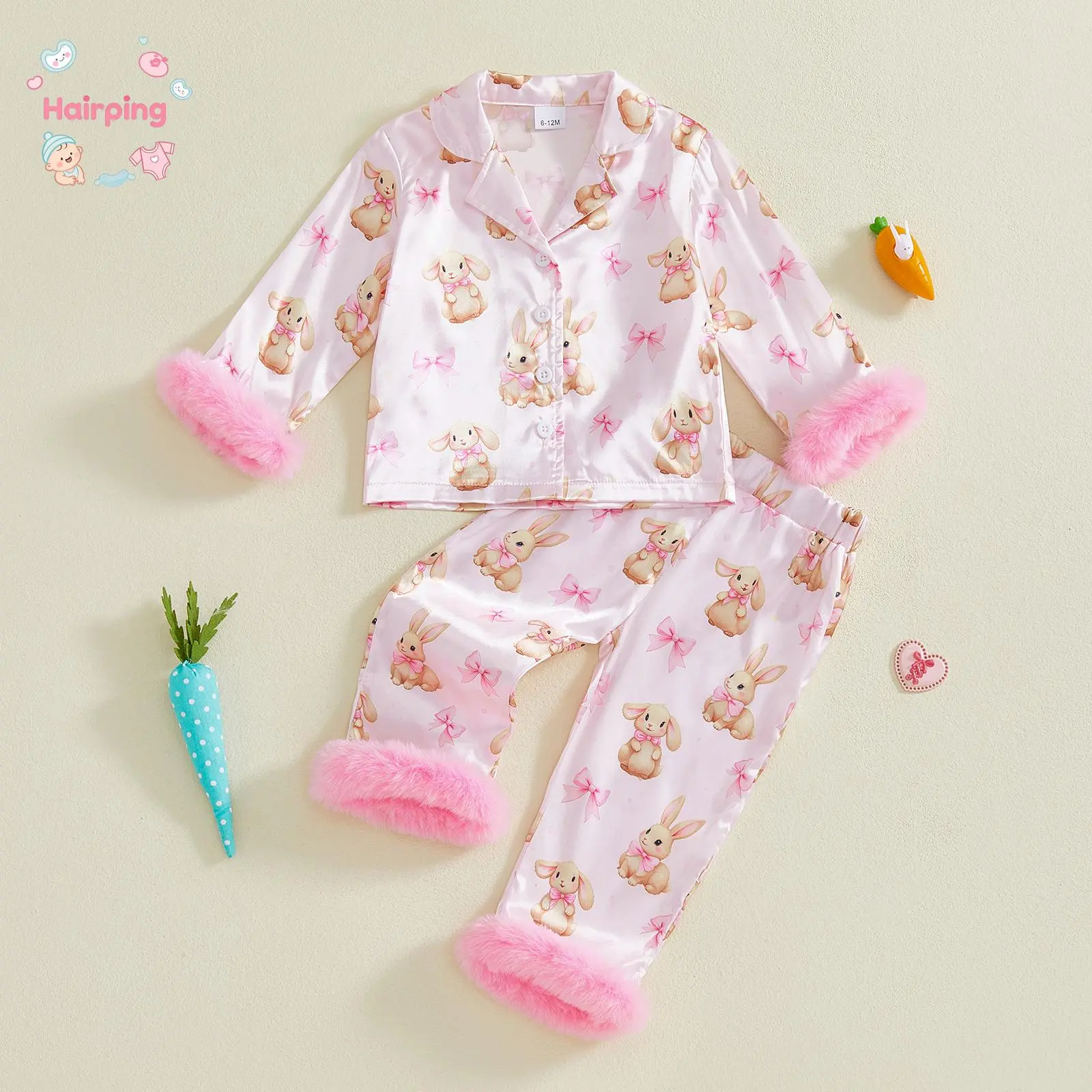 Girls' Easter 2-Piece Toddler Pjs Set - Polyester Lapel Shirt, Rabbit Print Long Sleeve Button-Up & Bow Trim Pants, Soft Kids Sleepwear/Loungewear, 6 Months-8 Years