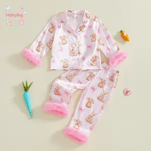 Girls Easter Pajamas Set - Rabbit Print Long Sleeve Lapel Button Up Shirt & Pants, Bow Trim Soft Sleepwear/Loungewear for Kids, 6 Months-8 Years