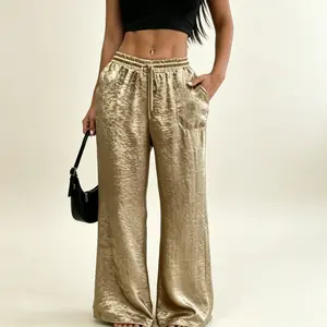 Women's Summer Straight-Leg Pants - Womenswear Bottoms with Down-Like Texture, Gold Sequin Accents, Trendy Stylish Design, Bottom