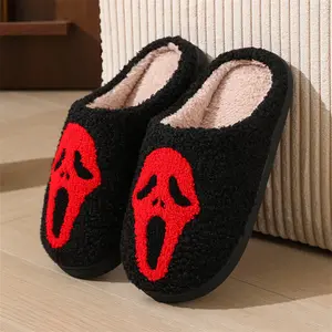 Skeleton Plush Black Slippers Anti Slip And Wear-resistant Warm And Cartoon Smiling Face Palm Red Heart Cotton Slippers Halloween Autumn And Winter Indoor Outdoor