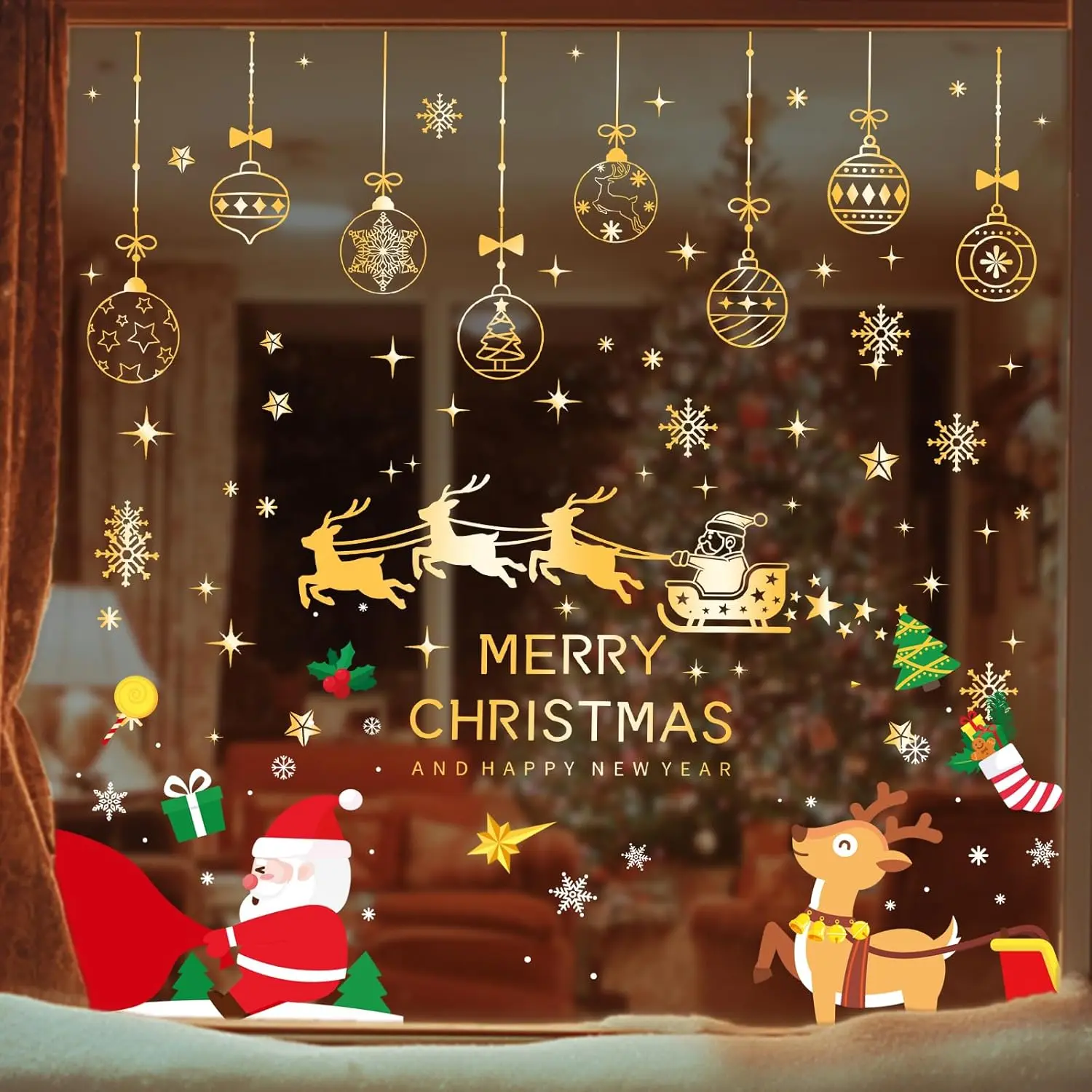Gold Christmas Window Clings, 200Pcs Christmas Stickers for Windows, Santa Reindeer Winter Clings Stickers, Christmas Static Cling Window, Christmas Glass Decor, Xmas Window Decorations, 8 Sheets