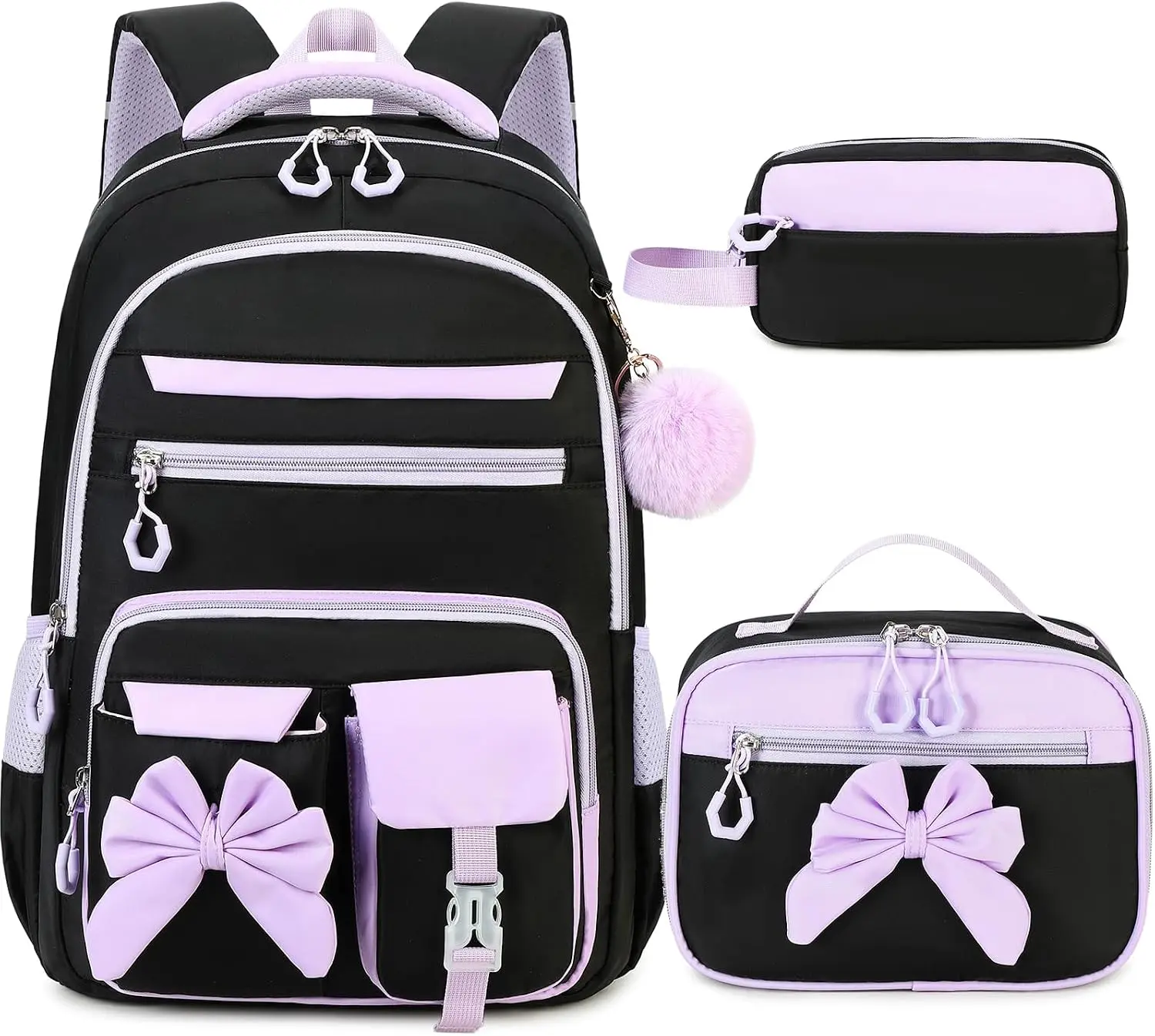 3PCS Girls' Bookbag Set - Adjustable School Backpack with Lunchbox & Pencil Case, Cute Home Organizer Storage Bag for Elementary School Daily Use (Black)