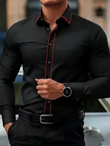 Business Casual Versatile Men's Long Sleeve Shirt, Fitted Blouse for All Seasons, Print Pattern, No Zipper, Full Placket Design
