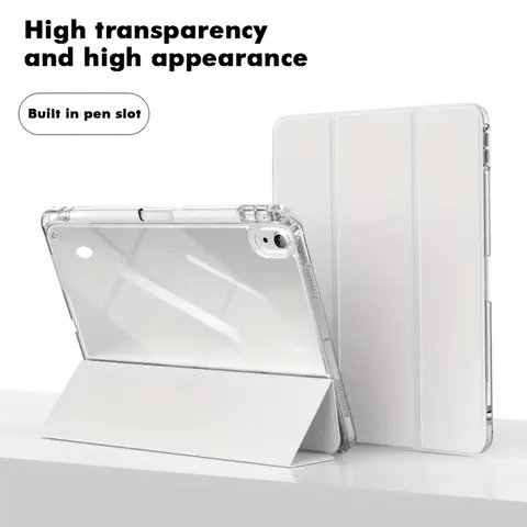 Solid Color High-Transparency Tri-Fold Tablet Casing with Integrated Pen Slot - Tablet Accessories for Samsung Tablets, iPad Mini, Air, Pro, 10th/11th Generation Covers & Folding Protective Cases