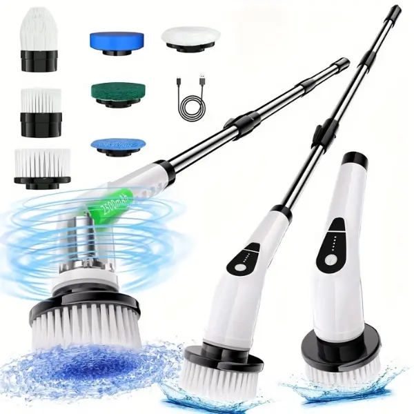 Electric Spin Scrubber, Cordless Power Surface Cleaning Brush with 7 Replaceable Brush Heads & Extension Handle, Adjustable Speeds for Bathroom, Shower, Tile, Floor & Kitchen