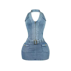 Alice Halter Denim Belt Mini Dress Casual Adjustable Pockets Style