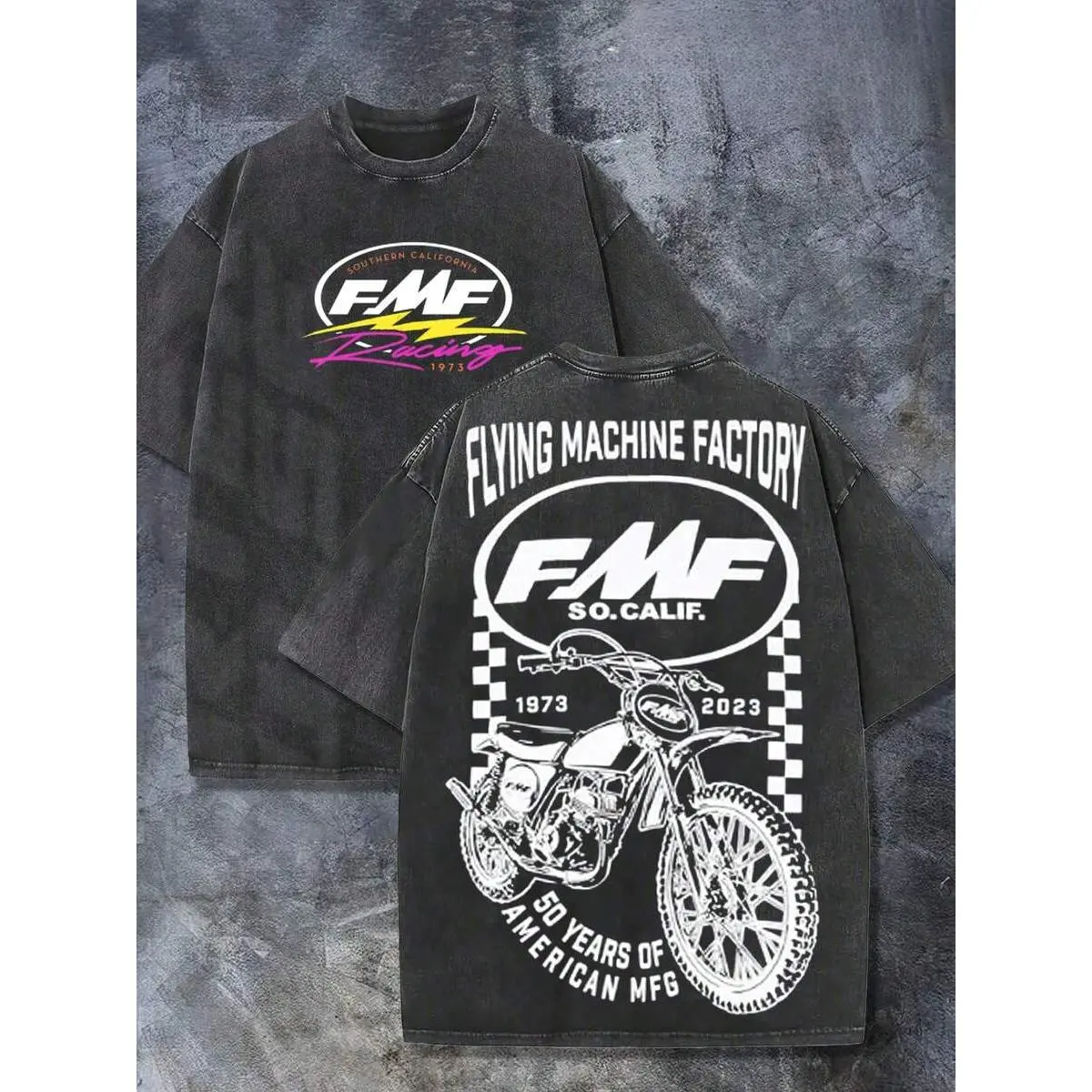 Menswear Cotton Retro Washed Black Oversized Wrinkle-Resistant Shortsleeve T-Shirt - Distressed "FMF Racing" Vintage Dirt Bike Graphic Print, Loose Fit Casual Streetwear for Men