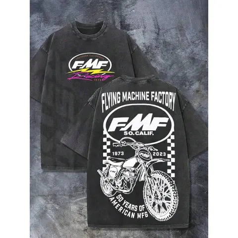 Retro Washed Black Oversized T-Shirt, "FMF Racing" Vintage Dirt Bike Graphic Print, Casual Short Sleeve Streetwear for Men & Women, Loose Fit for Outdoor & Daily Wear