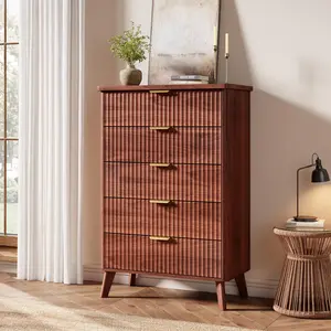 Garvee Modern Fluted Wooden Dresser with 5 Deep Drawers, 47.2 in Tall Chest of Drawers Featuring Curved Profile Design, Ideal for Bedroom, Living Room, Hallway, and More in Walnut Finish
