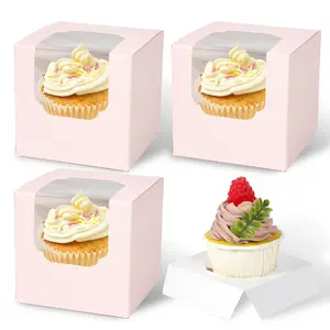 120 Pcs Individual Pink Cupcake Box with Insert, 3.5inch Pastry Boxes Cookies Boxes with Window Bulk for Hot Cocoa Bombs and Cookies, Treat Boxes Pre-Assembled for Easter Wedding Birthday Baby Shower Party Baked Bakeware Plastic Utensils