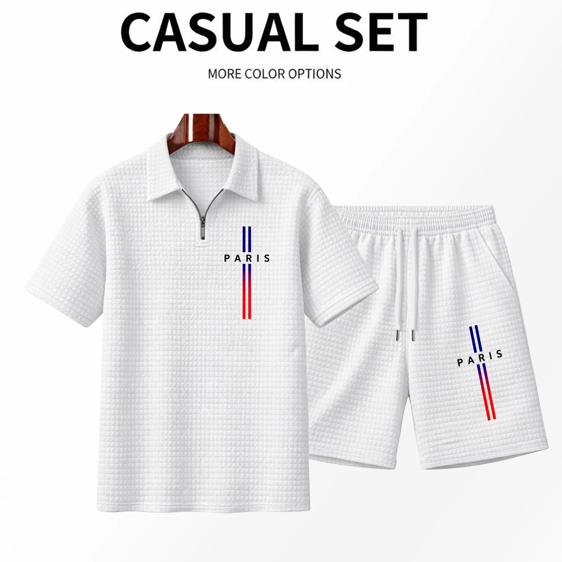 Men's Paris Print Gradient Stripe Pattern Zip-Up Short-Sleeved Polo Shirt And Shorts Set, Made With Solid-Colored Textured Fabric, Breathable And Comfortable, Featuring A Classic Zip-Up Collar Design. A Stylish And Versatile Everyday Outfit.