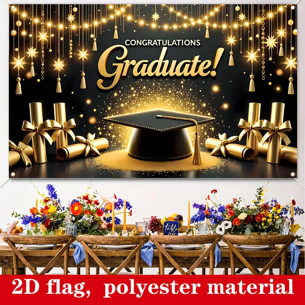 Shimmering Golden Printed Polyester Photo Backdrop Banner, 180x110cm 1-Piece with Graduation Cap & Diploma Designs, Ideal for Happy Birthday & Festive Decor (Home & Festive Party Supplies)