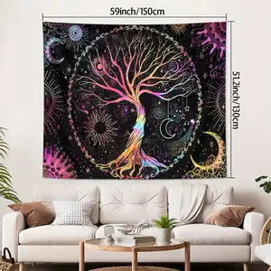 Tree Of Life Pattern Tapestry, 1 Count/2 Counts Bohemian Style Wall Hanging, Fantasy Starry Sky Moon Phase Sun Tapestry, Bedroom Aesthetic Wall Art, Decor, Tapestry Wall Mural