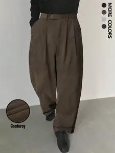 Men's Solid Color Button Fly Side Pocket Corduroy Carrot Pants, Loose-Fitting Casual Comfy Zipper Trousers for Daily Wear, Woven Bottoms for All Seasons, Casual Textured Trousers