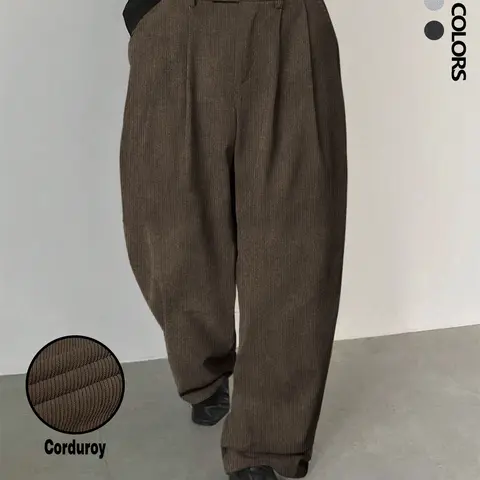 Men's Solid-Color Corduroy Oversized Carrot Pants, Button-Fly Side Pockets Relaxed Loose-Fit Textured Trousers for Daily Wear, Casual Streetwear Clothes, Streetwear Pants with Zipper, Woven Bottoms for All Seasons