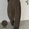Men's Solid-Color Corduroy Oversized Carrot Pants, Button-Fly Side Pockets Relaxed Loose-Fit Textured Trousers for Daily Wear, Casual Streetwear Clothes, Streetwear Pants with Zipper, Woven Bottoms for All Seasons