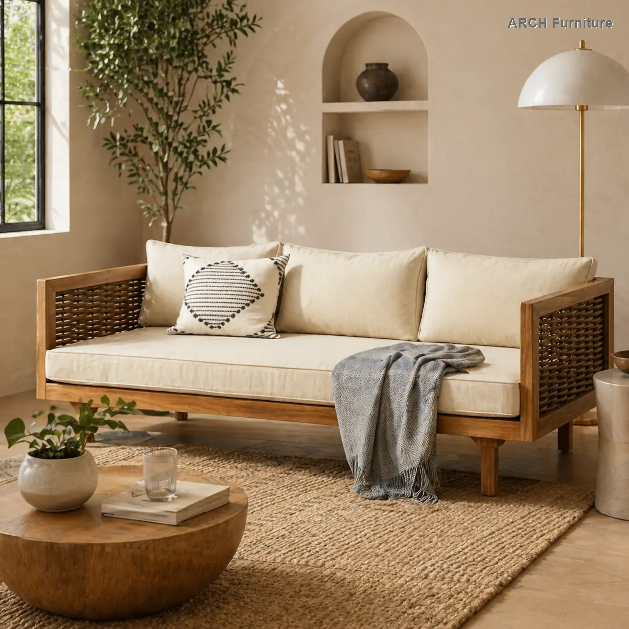 by Christopher Knight Home 3-Seater Claremont Rattan-Arm Daybed with Beige Cushion - Indoor Sofa, Versatile Outdoor Backyard Furniture