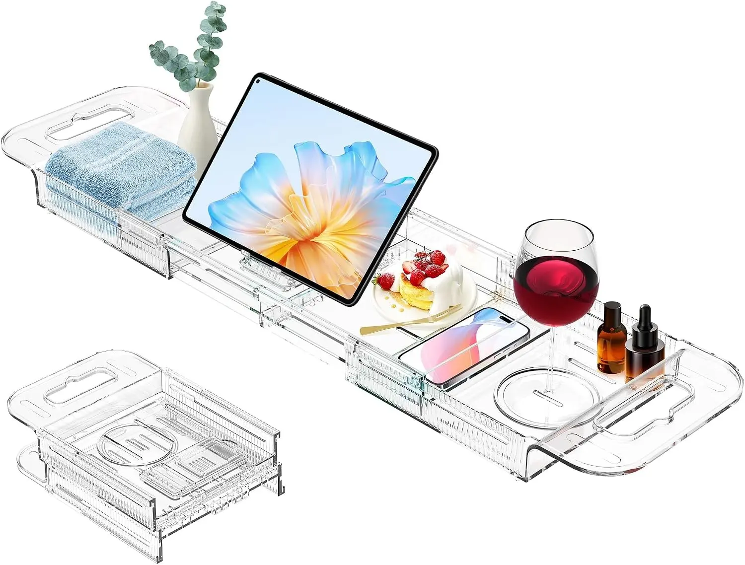 Expandable Drain Bath Caddy Tray for Tub, Multifunctional Acrylic Bathtub Tray Bathroom Organizer, Simple Bathtub Table Trays Storage Rack for Candle Towel Book Wine Phone Shower(Clear)