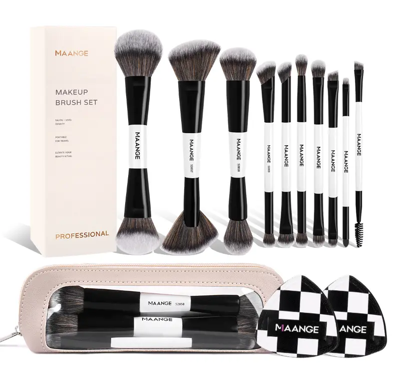MAANGE 10-Piece Makeup Brush Set,with Storage Bag & 2 Makeup Sponges,Double-Sided Face & Eye Brushes for Foundation, Contour, Blush, Highlight, Blending, Brow & Eyeshadow – Soft Vegan Fiber Bristles, Professional Makeup Kit#DealsForYouDays#SummerWins