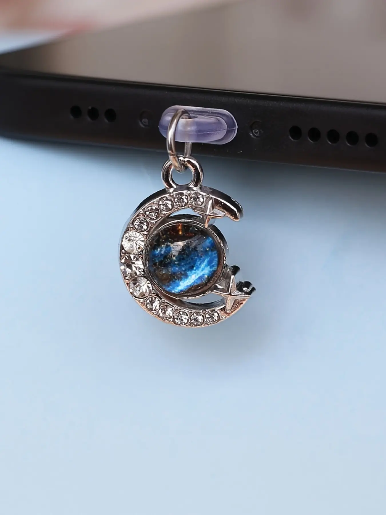 Blue Planet Moon Stars Phone Dust Plug, Crystal Stone Pendant Decoration, Lightning Type-C Port Dust Cover Gift, Casual Style, Dust Plug Charm, Phone Accessories, Cell Phone Accessories, Mobile Phone Accessories