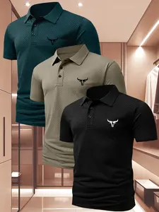 Men's Summer Plaid Short Sleeve Polo Shirt Set, Fashionable Stretch Fabric, Cow Print Graphic Design, Casual Daily Wear, 3 Piece Pack, Bull