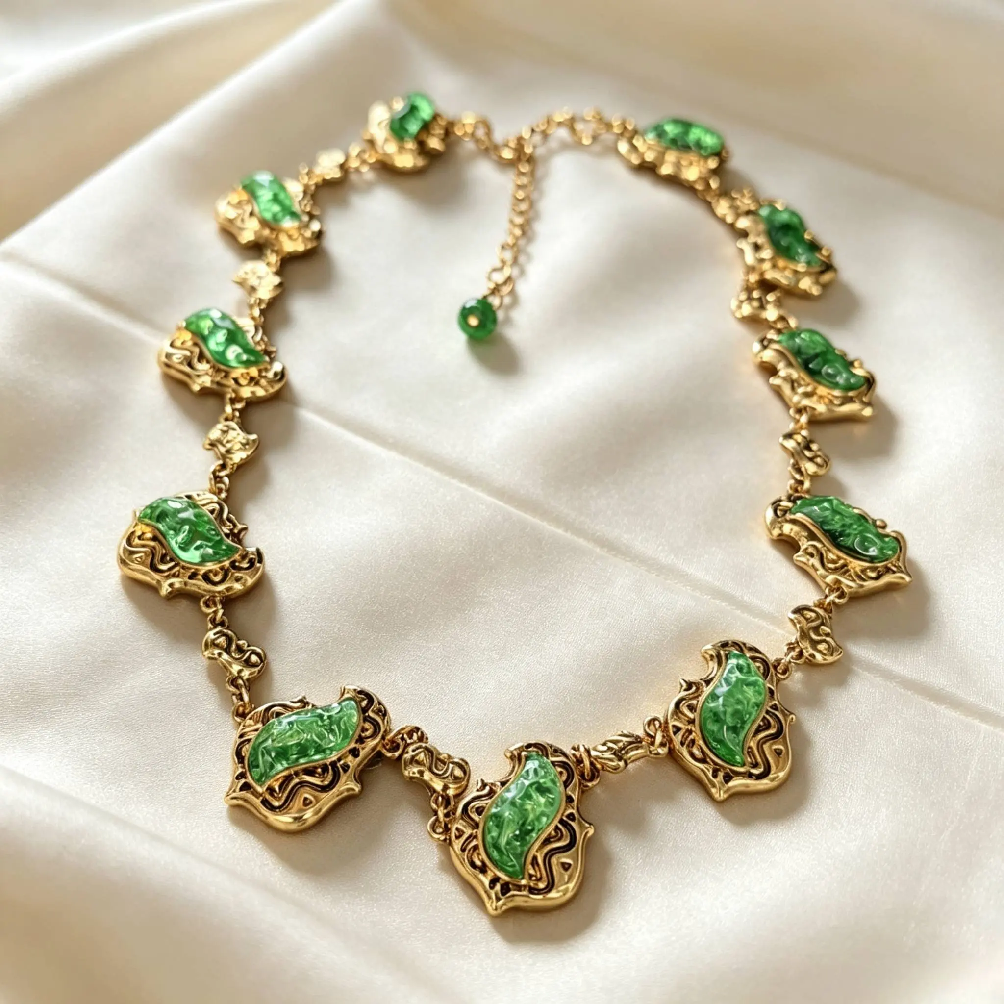 Elegant Green Stone Necklace with Gold Tone Settings and Intricate Design for Women