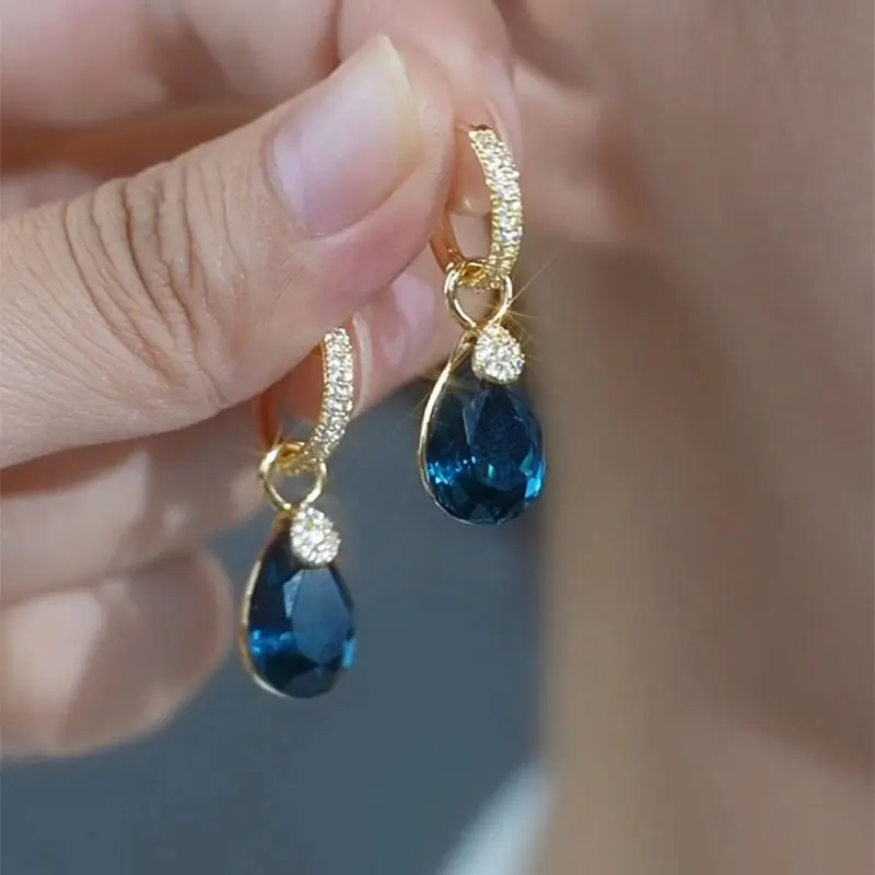 Non-Natural Crystal Blue Water Drop Dangle Drop Earrings, 2026 New Trendy Elegant Design, Summer-Suitable Internet Celebrity Earrings E50030-EH tiktokshopbacktoschool