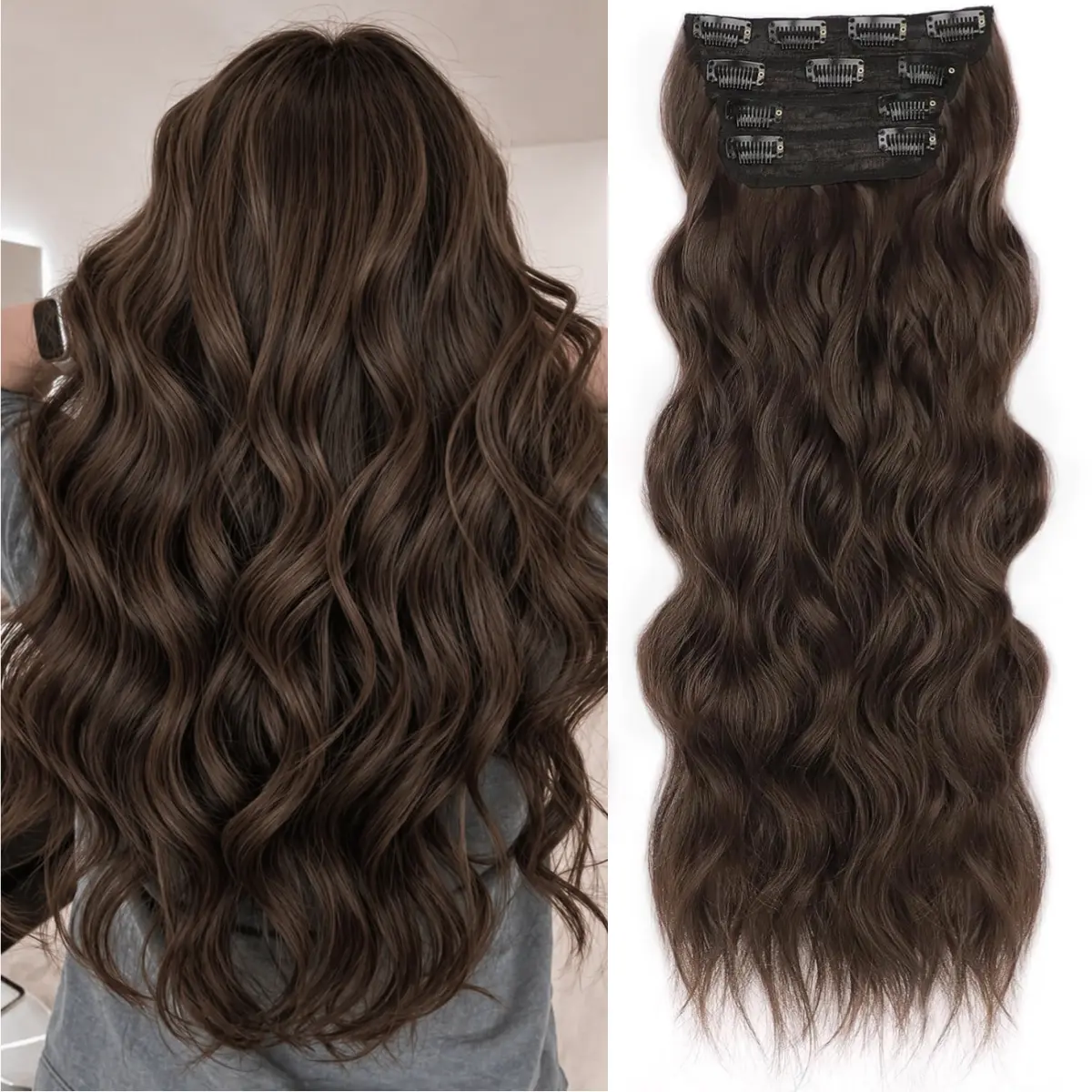 Women's Clip-in Synthetic Curly Hair Extensions, 4 Pcs Thick Double Weft 20 inch/190g/6.7oz Dark Brown Soft Blendable Extension Hairpiece