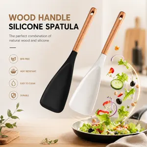 KLYRO Cooking Spoon for Nonstick Cookwares, Great for Cooking and Serving Durable BPA-Free Matte Silicone, Wood Handle Spoon for Mixing, Scoop, and Scrape, Salad spatula, Kitchen tool