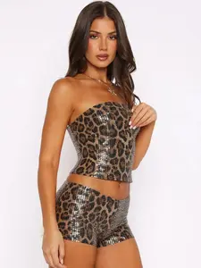 Two Piece Set Women Leopard Print Sequin Crop Tube Top Shorts 2026 Fashion Casual Daily Outdoor Summer Ladies