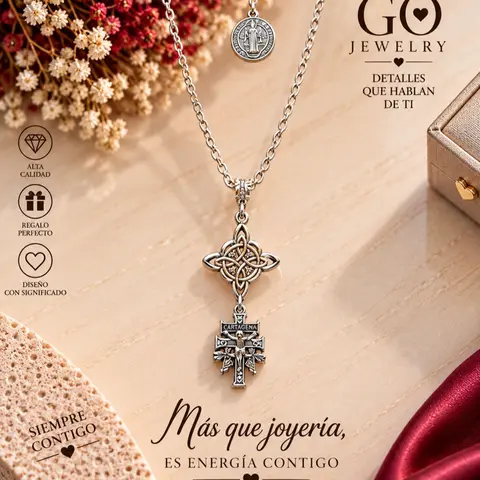 Escapulario Triple Protection Necklace with Cruz de Caravaca Witch Knot San Benito Medall Chain Jewelry