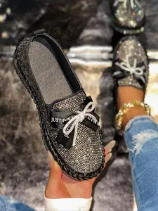 Women's Fashionable Glitter Design Lace Up Front Sneakers, Casual Comfortable Round Toe Low Top Shoes for Daily Wear, Trendy All-match Sneakers for Women & Girls, Slipon