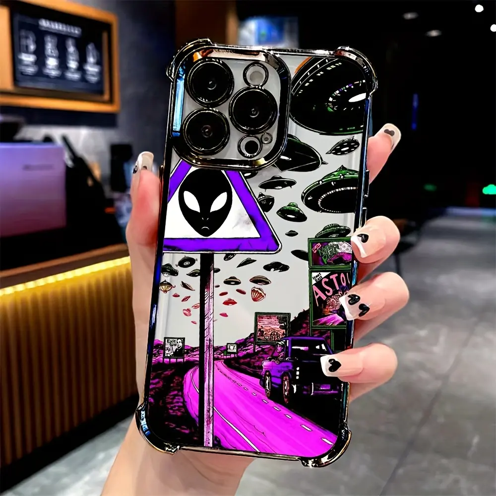Alien Spaceship Graffiti Pattern Shockproof Smartphone Case - Quad-Corner Drop Protection Cover for iPhone 11-17, Plus, Pro, Pro Max & Air - Handheld Devices Accessory, Ideal Gift