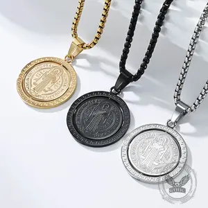 GTHIC St. Benedict Double-Sided Rotating Stainless Steel Amulet Pendant Vintage Faith Accessory for Men Women