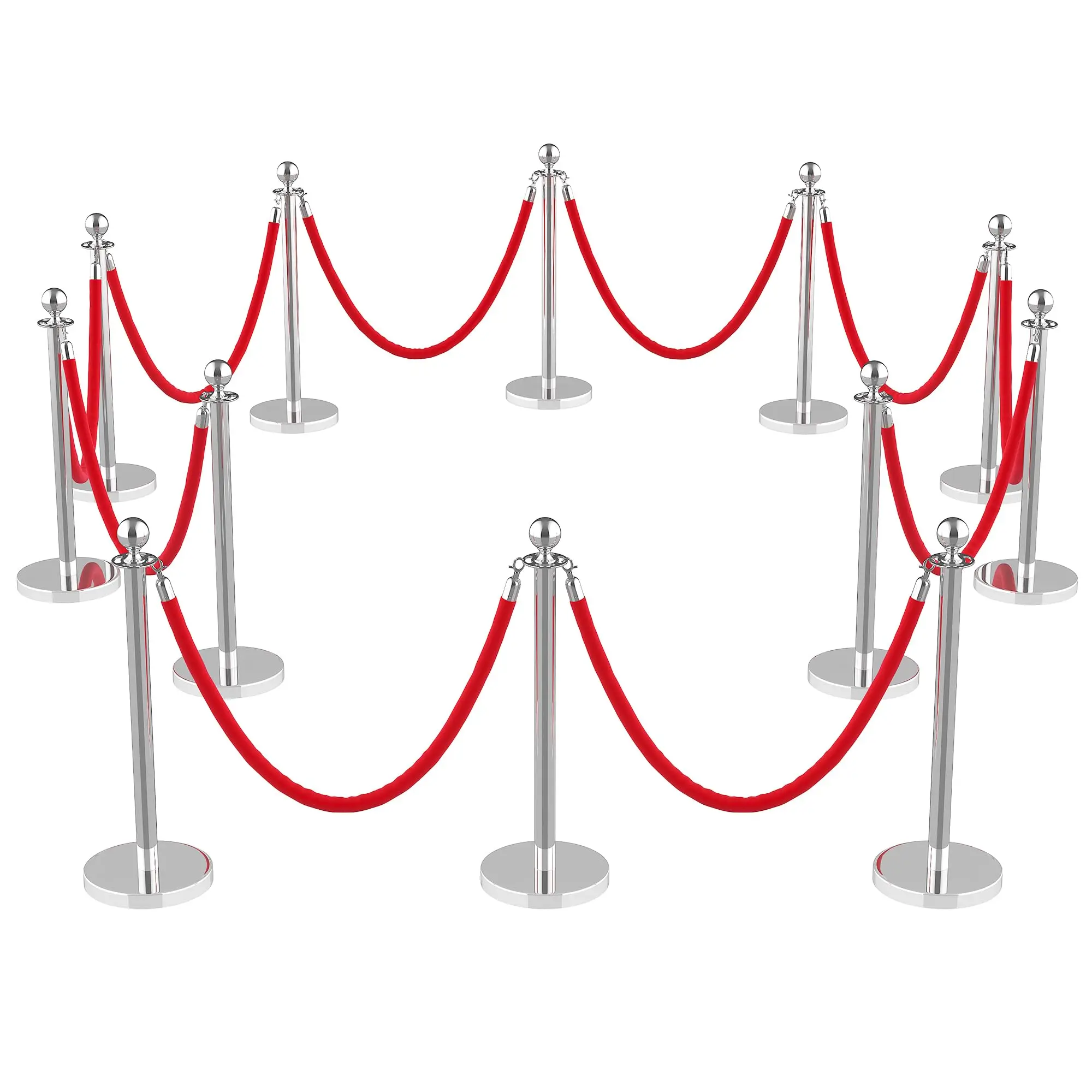 12PCS Silver Industrial-Strength Stainless Steel and Iron Crowd Control Stanchions with 10 Velvet Ropes, Filled Base, Retractable Belts, Flexible Configuration - Traffic Control Safety Barriers for Hotel, Wedding Events, Metal, Corrosion-Resistant Finish,