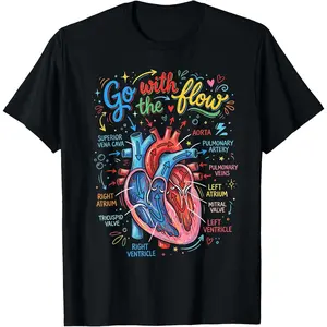 Women's 100% Cotton Short-Sleeve Stretchy Fabric Garment, Anatomical Heart Print Tropical Medical Nurse T-Shirt